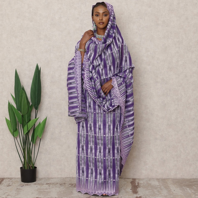 Purple and Lilac Swiss Embroidered Striped Thobe with Stone Work in Pure Cotton Voile Fabric, 4.5 Mtrs, Width 140 Cms, Switzerland-D24370
