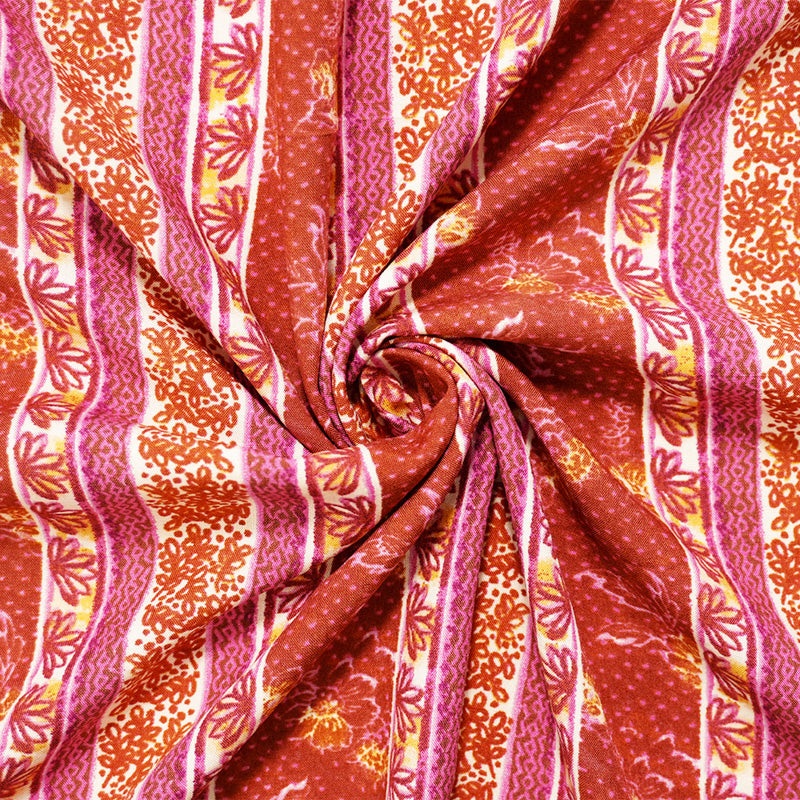 Red-Yellow-Multi Rayon Floral Stripe Printed Challis Woven Fabric