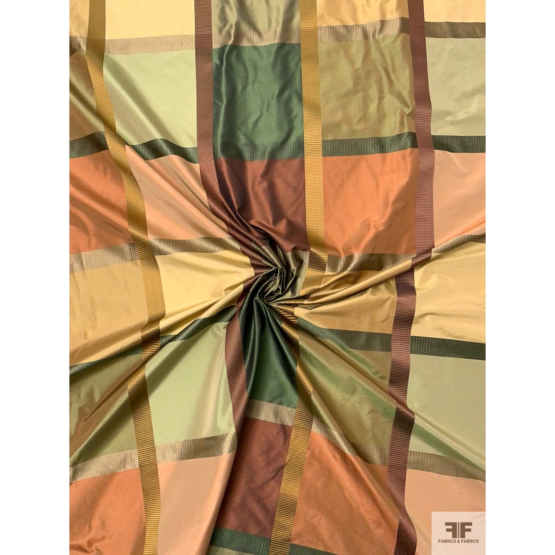 Yarn-Dyed Silk Taffeta with Satin-Faille Windowpane Pattern - Earthy Greens / Clay / Tan / Brown