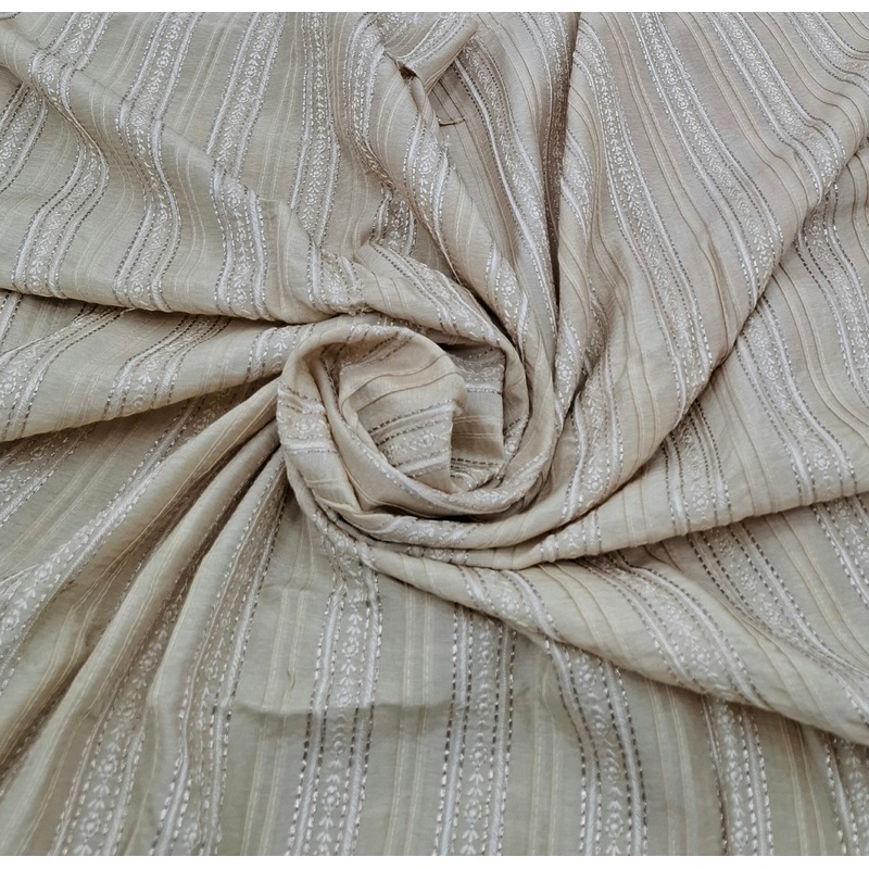 Beige Striped Thread and Zari Slub Silk Embroidery