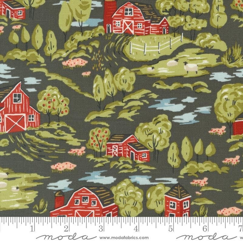 SALE Farmstead Landscape 20901 Charcoal - Moda Fabrics - Nature Vintage Farm Scene - Quilting Cotton Fabric