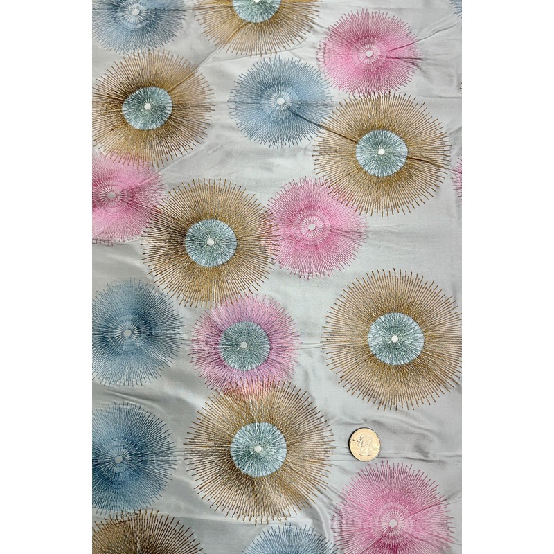 White/Multicolor Embroidered Dupioni Silk MED-449/07