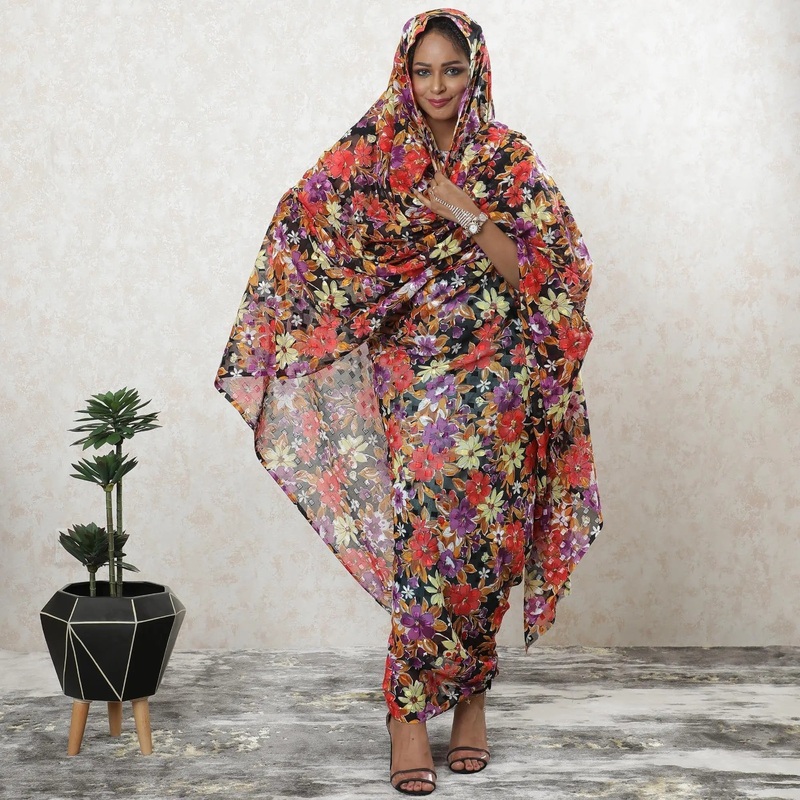 Black Premium Swiss 100% cotton voile thobe with purple, white, scarlet red and yellow print in floral design-D9489