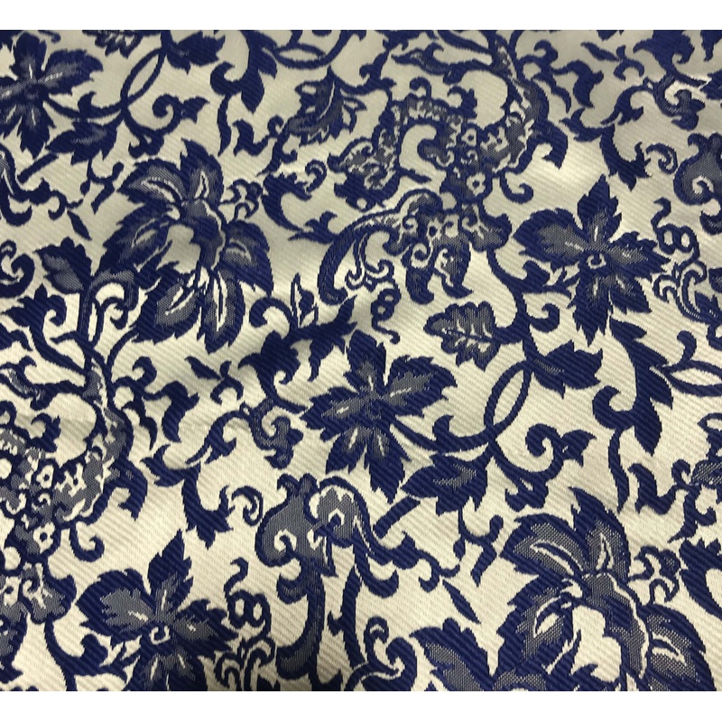 Blue & White Floral - Silk Brocade Fabric