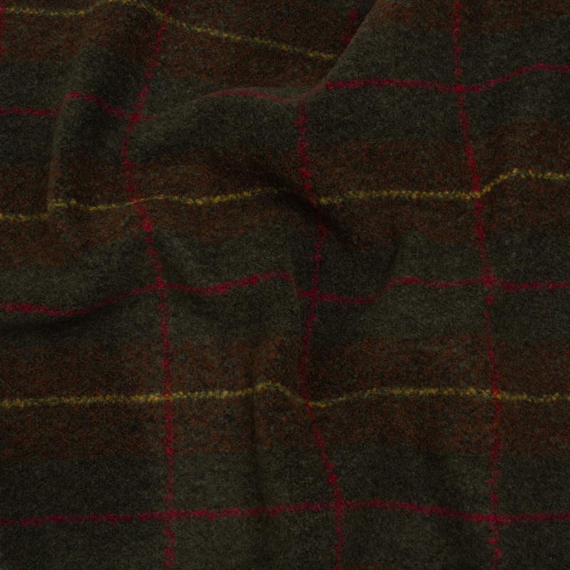 Brushed Tweedy Wool Boucle Coating - Green, Brown and Yellow Plaid - Deadstock