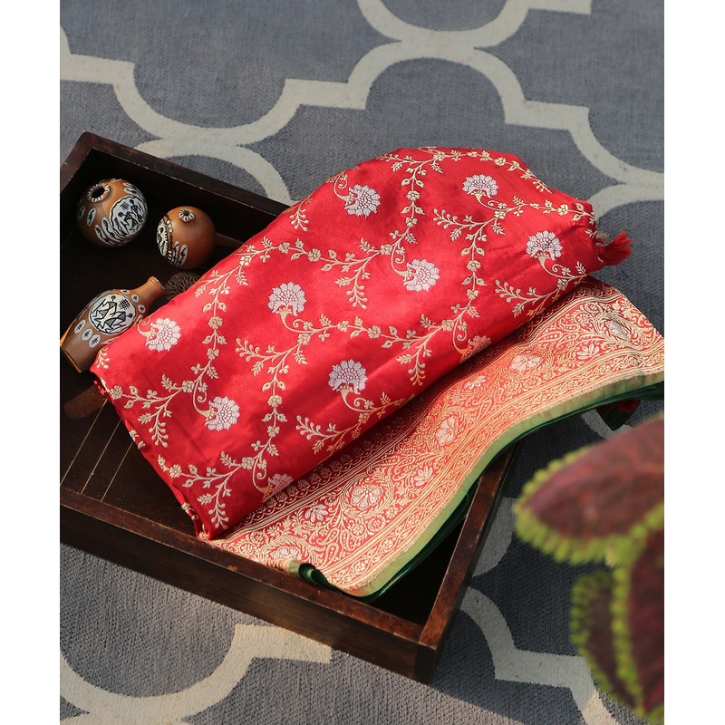 Red Pure Katan Silk Handloom Kadhwa Jangla Banarasi Dupatta