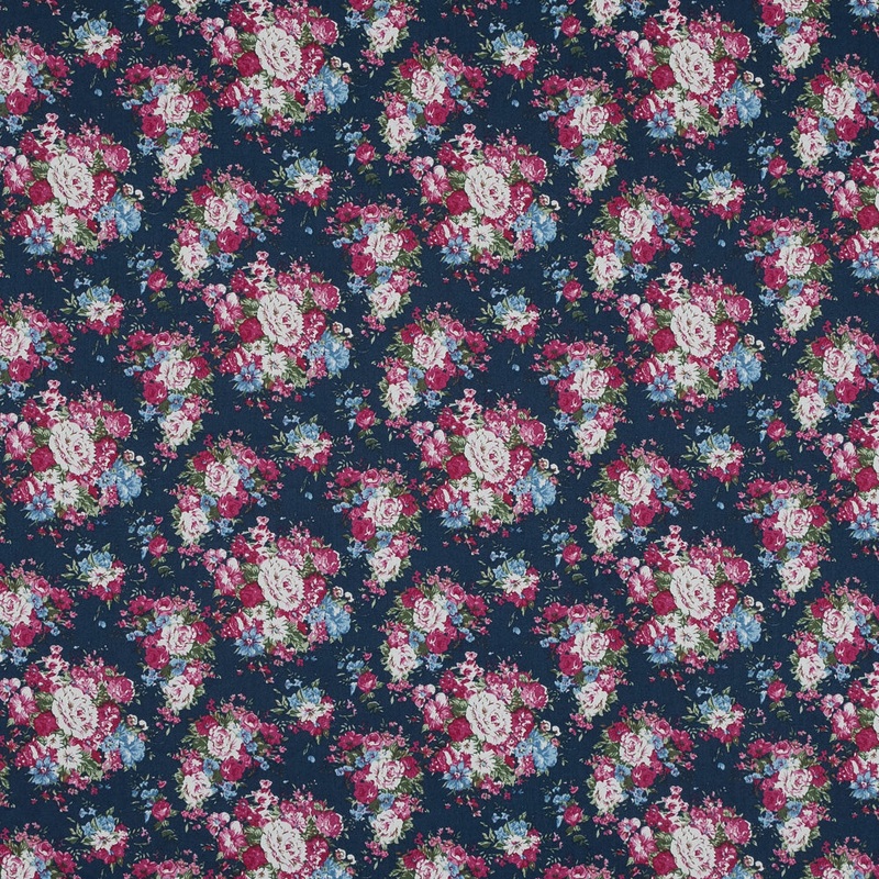 Wild Rose Pink and Insignia Blue Floral Cotton Twill