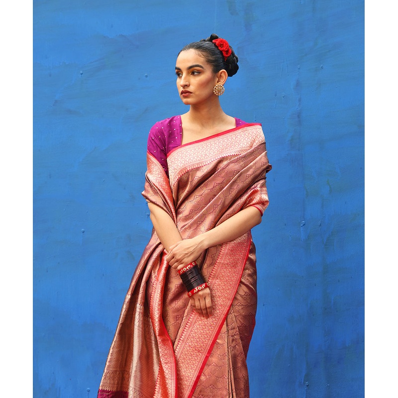 Wine Handloom Pure Katan Silk Zari Tanchoi Banarasi Saree With Pink Border