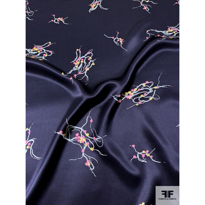 Delicate Floral Tentacles Printed Silk Charmeuse - Navy / Pink / Yellow / Sky Blue