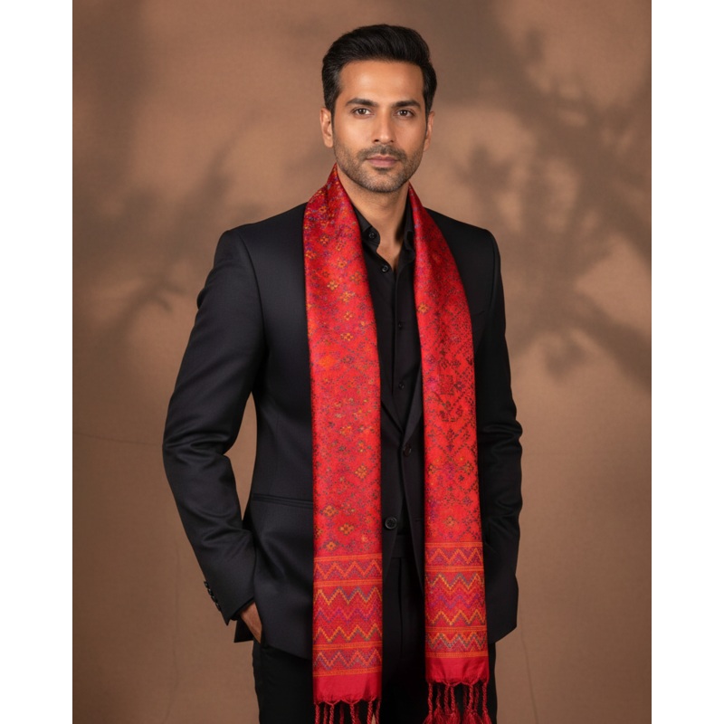 Red Multi-Color Dotted Jamawar Handwoven Silk Unisex Scarf 80"x22"