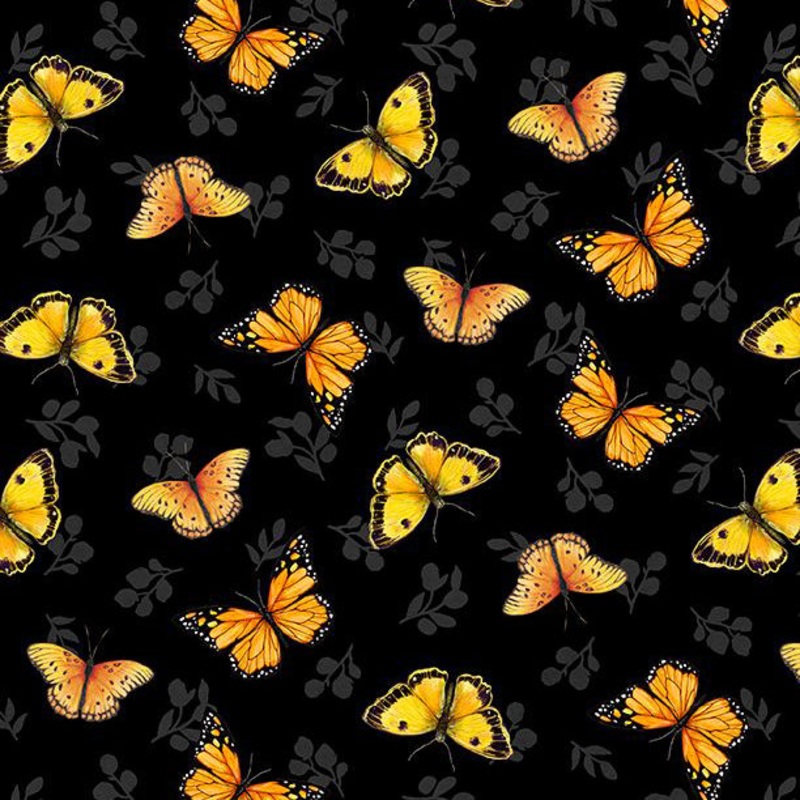 Sunflower Splendor Collection Butterfly Toss Cotton Fabric 83329 Black