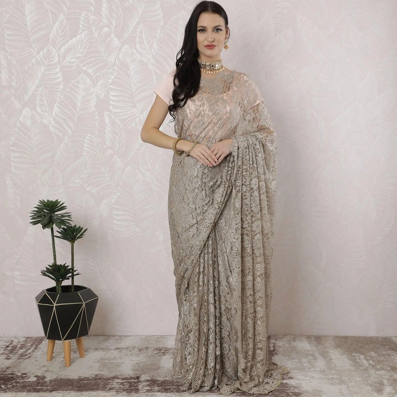 Tan beige Premium pure French chantilly lace saree having stone work in floral design-D16335