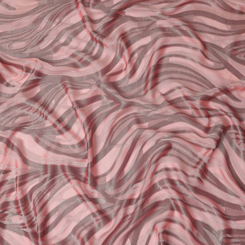 Blush Pink Abstract Wave Metallic Lurex Premium Pure French Silk Chiffon Fabric Shimmer Woven Designer Flowing Luxury Fashion Fabric 110 Cms Width France Origin-D28511