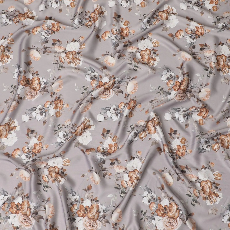 Pewter grey synthetic crepe fabric with multicolor print in floral design-D15666