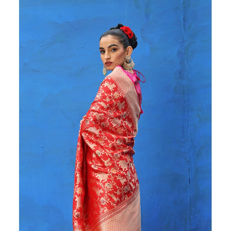 Red Handloom Pure Katan Silk Shikargah Kimkhab Banarasi Saree With Meenakari