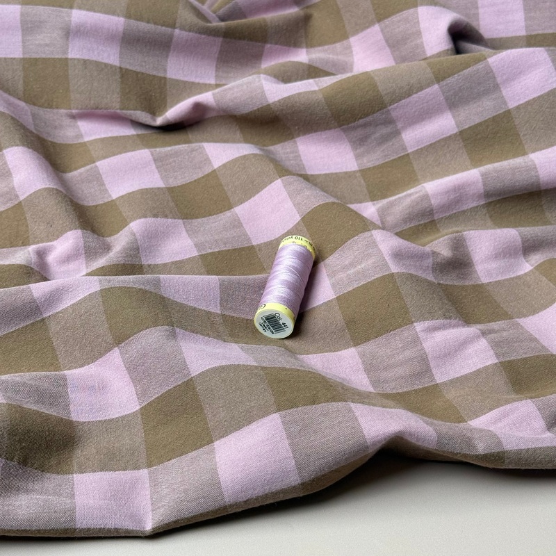 Yarn Dyed Washed Cotton Check Fabric in Rose and Taupe