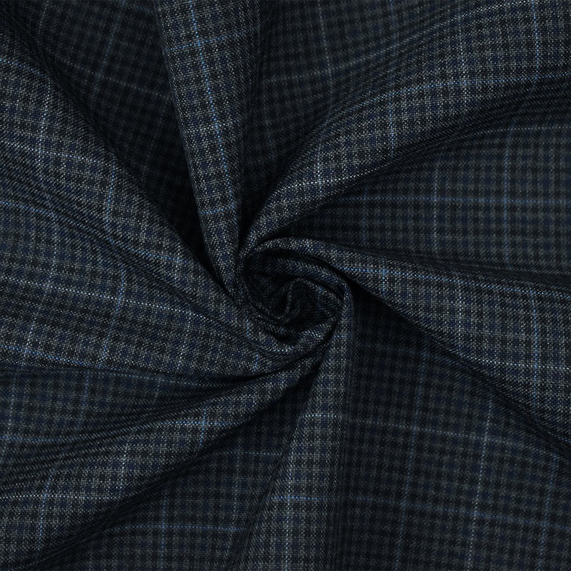 Gray-Black-Blue Poly-Wool Gingham Plaid Woven Shirting Fabric