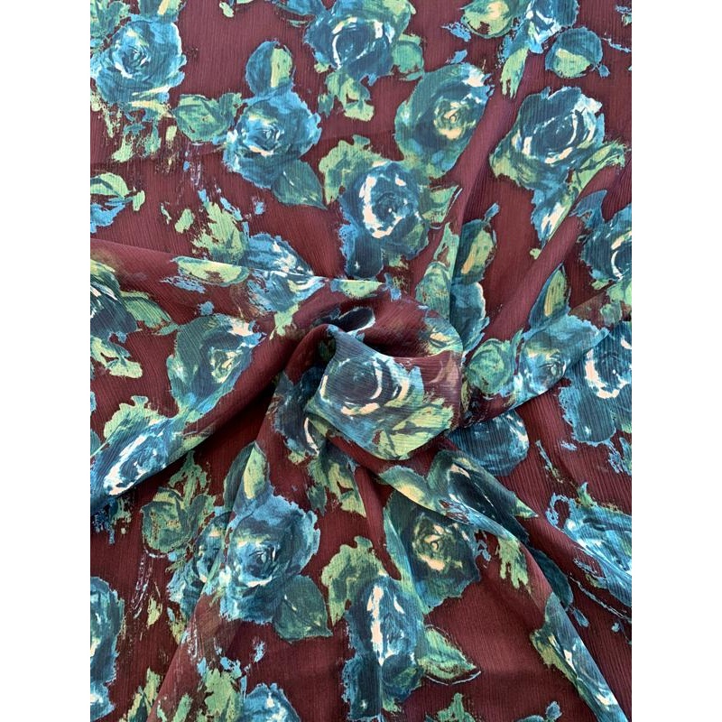 Watercolor Floral Printed Crinkled Silk Chiffon - Teal / Green / Maroon