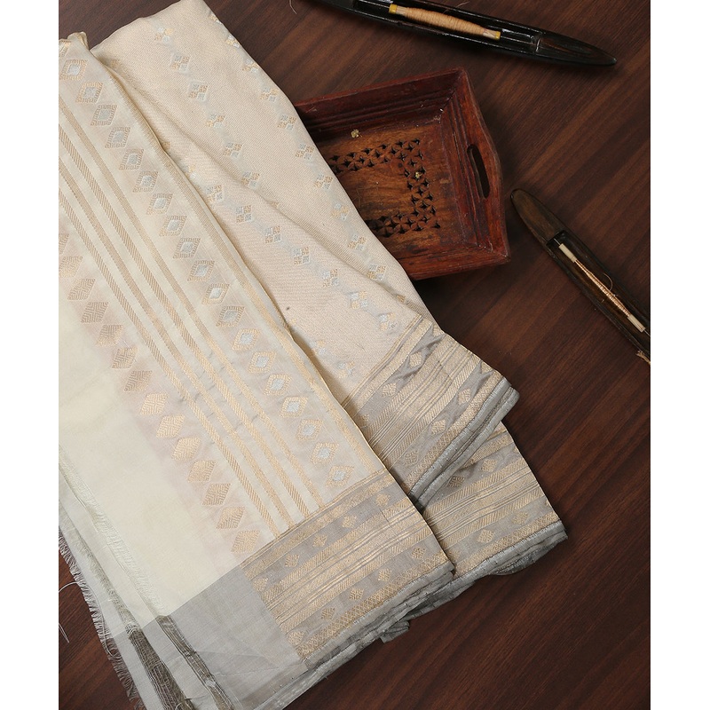 Beige Handloom Pure Katan Silk Banarasi Dupatta with Meenakari Booti