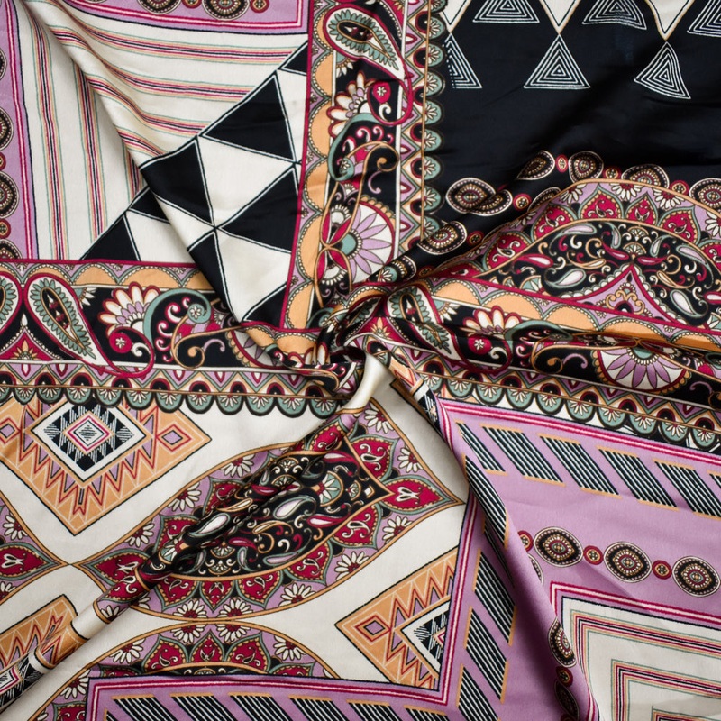 Purple-Beige-Multi Polyester Multi Pattern Border Printed Charmeuse Woven Fabric