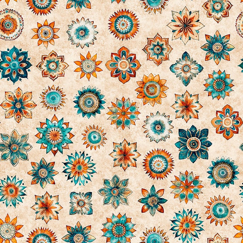 Born To Run Mandalas 31480 Tan A - QT Fabrics - Floral Flowers Blossoms Petals - Quilting Cotton Fabric