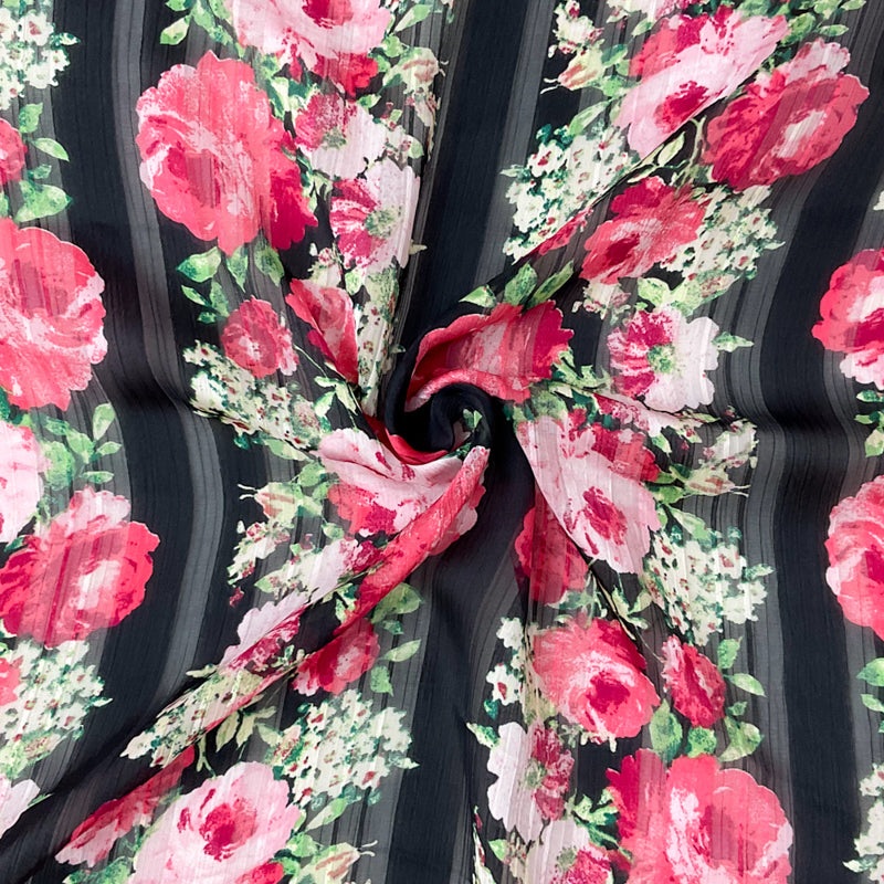 Red-Multi Poly Floral Printed Satin Stripe Chiffon Woven Fabric