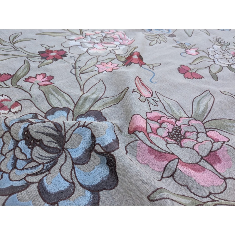 Scalamandre Embroidery Peony Salena in Rose Pink Blue on Beige Heavy Linen MSRP USD 108/y
