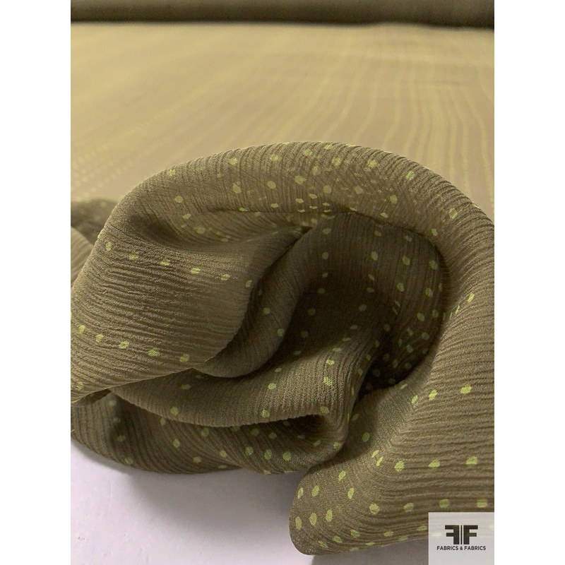 Pin Dot Striped Pattern Printed Crinkled Silk Chiffon - Olive Green / Lime