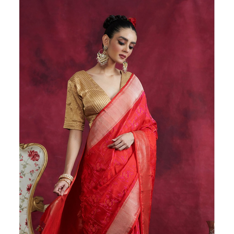 Red And Pink Handloom Pure Katan Silk Floral Tanchoi Banarasi Saree