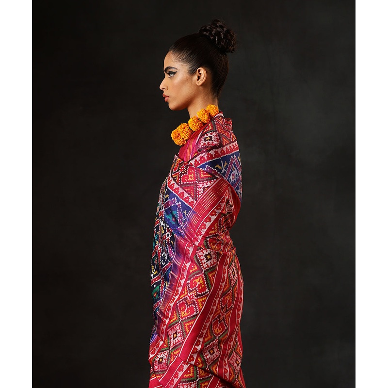 Blue Handloom Pure Mulberry Silk Single Ikat Patola Saree With Purple Border