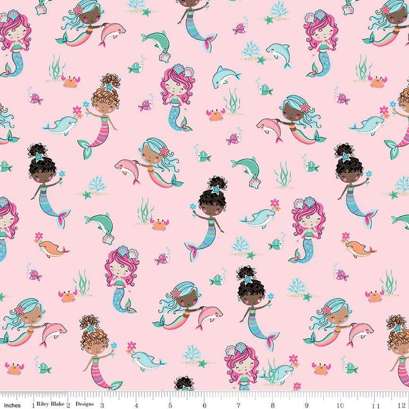 28" End of Bolt - Mer-Mazing Main C14190 Pink by Riley Blake Designs - Mermaids Dolphins Sea Life - Quilting Cotton Fabric