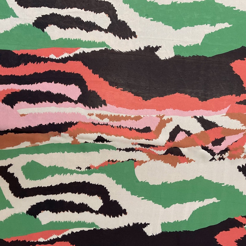 3 1/2 YD PC-Black-Green-Coral-Ivory Stripped Ikat Silk Chiffon Designer Remnant Fabric