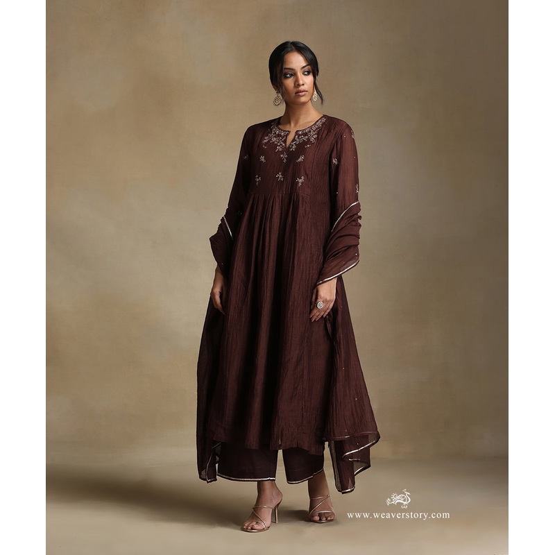 Brown Hand Embroidered Notched Neck Front Gathered Pure Chanderi Kurta With Pants And Dupatta