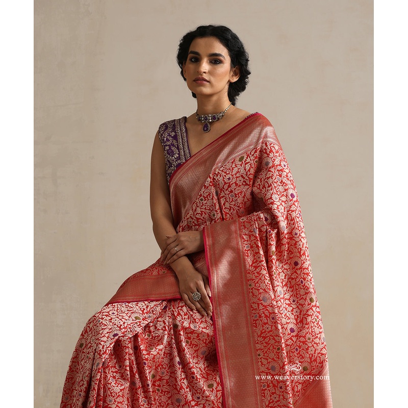 Red Handloom Pure Katan Silk Zari Tanchoi Banarasi Saree With Meenakari