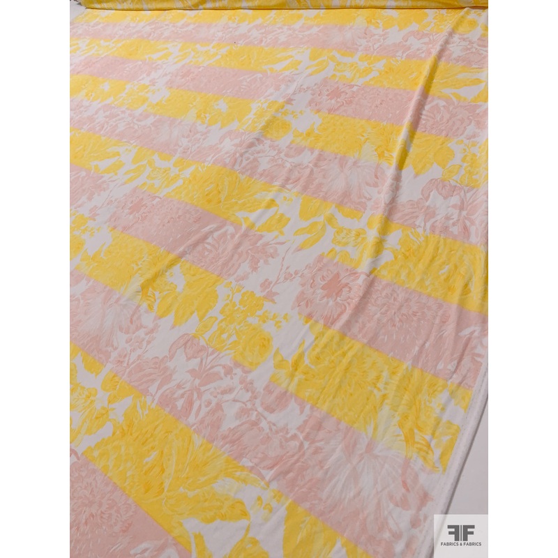 Striped and Floral Printed Polyester Jersey Knit - Blush Pink / Yellow / White