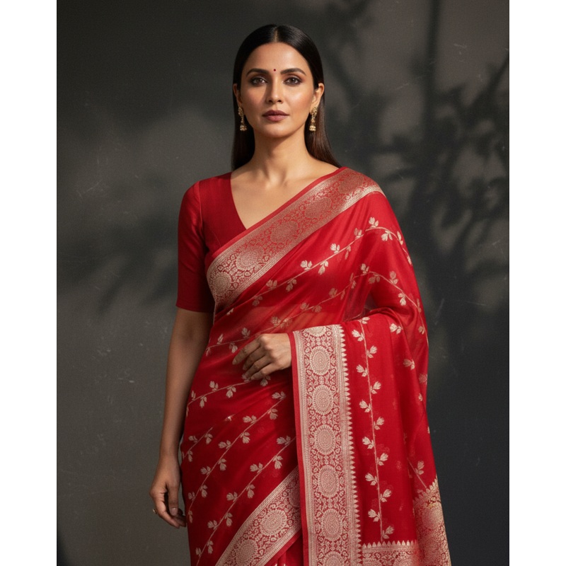 Red Banarasi Gold Zari Cutwork Brocade Handwoven Khaddi Georgette Saree