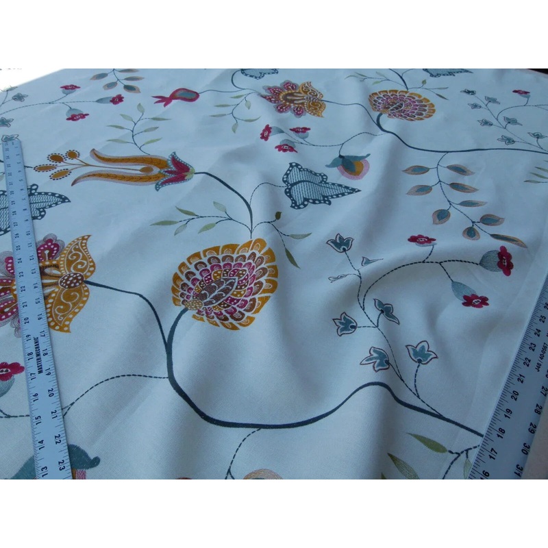 1.25y Scalamandre Mangalore Teal Multi Blue Orange Red On White Embroidery Crewel Linen MSRP USD 240/Y Old World Weavers (copy)