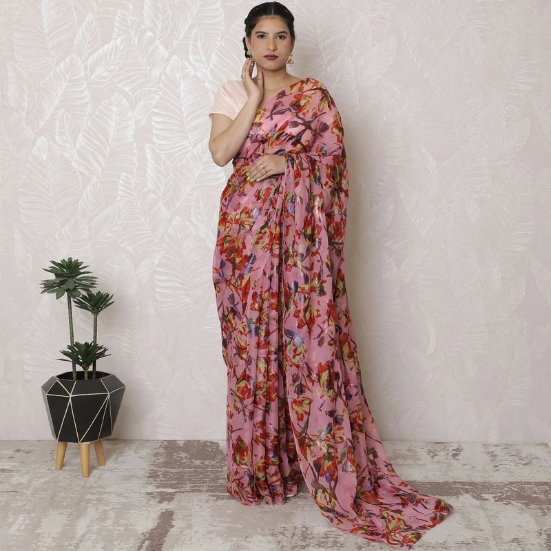 Coral Blossom Silk Chiffon Saree with Metallic Jacquard Accents, South Korean Excellence, 110cm Width, 5.5m Length - Blouse Not Included-D17893