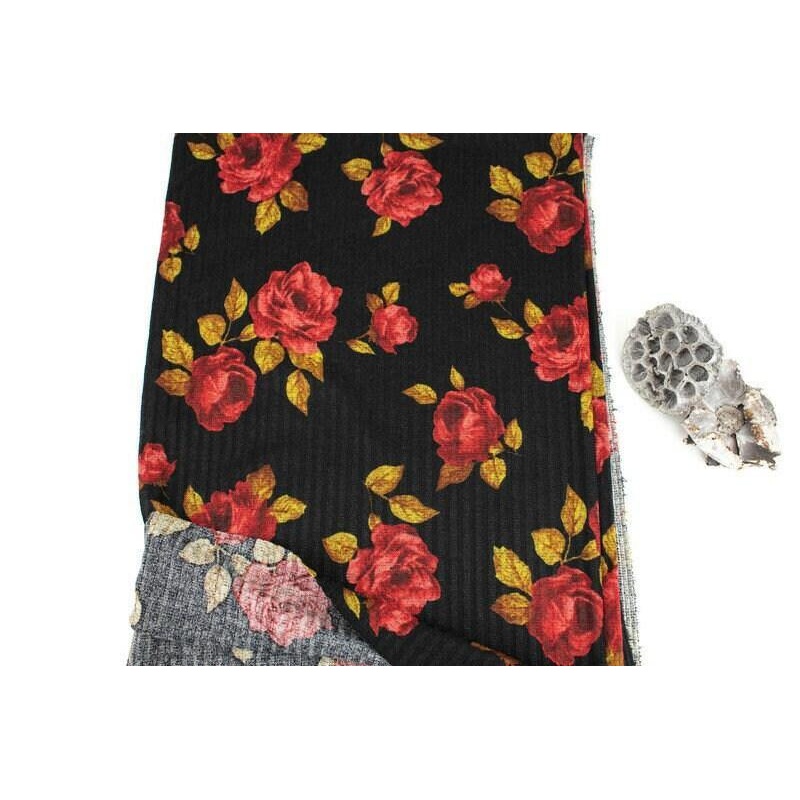 Red and Black Rose Flora Print Rib Sweater Knit Fabric by the yard