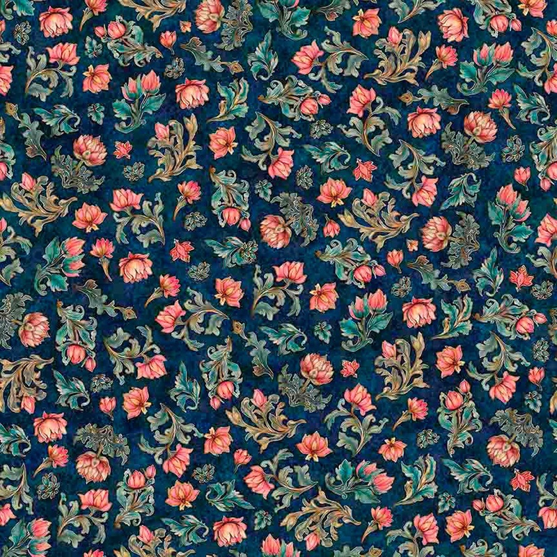 Serenity Lotus Flower Toss Navy Blue Floral Fabric - 31836 N - QT Fabrics Quilting Cotton Fabric