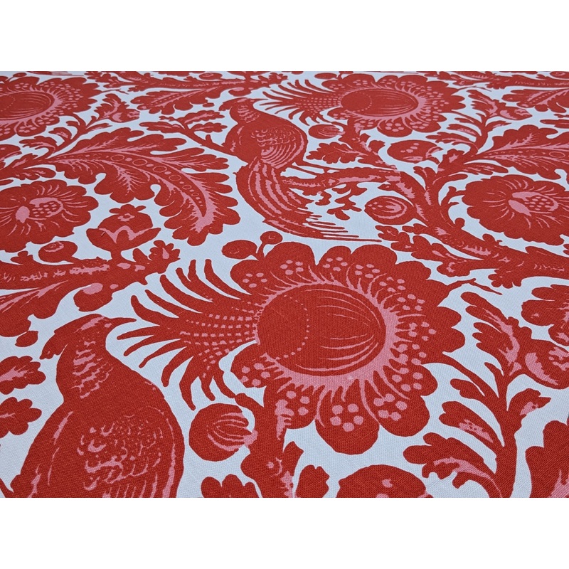 Scalamandre Resist Print Bird Flower Toile Linen Tangerine Red Orange on White MSRP USD 300/Y