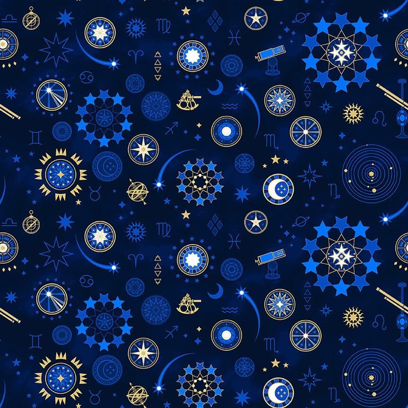 Signs from Above Celestial Motifs Allover Navy Blue Metallic Salt Meadow Studios Henry Glass Cotton Fabric HG-9594M-77