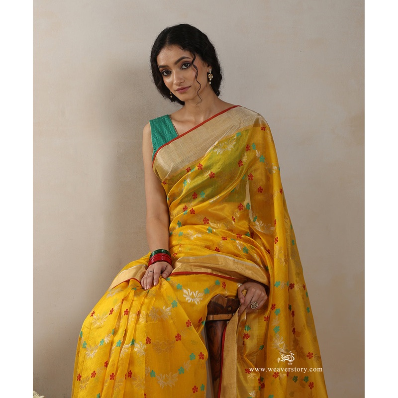 Yellow Handloom Pure Silk Chanderi Saree With Floral Meena Jaal