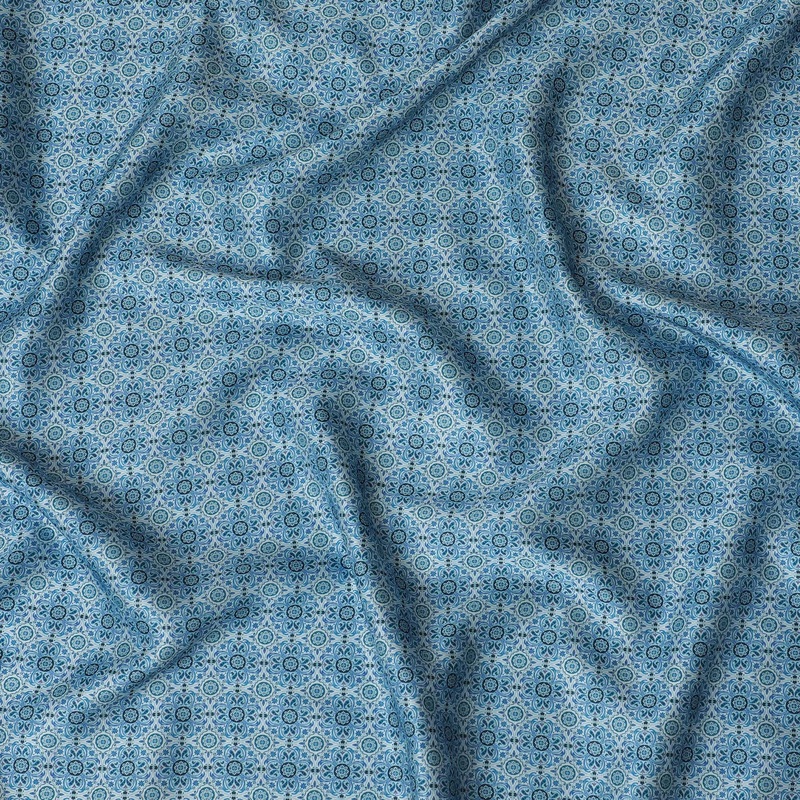 Refreshing Blue Floral Blended Cotton Lawn Fabric, Intricate Small Print, 140 cms Width-D19181