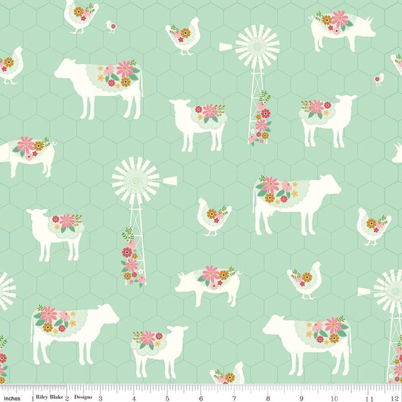 10" End of Bolt - SALE Sweet Acres Farm C13211 Mint - Riley Blake - Animals Windmills Flowers Chicken-Wire - Quilting Cotton Fabric