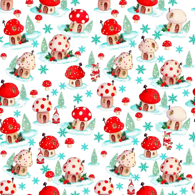 SALE Gnome For The Holidays Mushroom Houses Toss 31063 White Z - - QT Fabrics - Fungi Mushrooms Spots Circles - Quilting Cotton Fabric