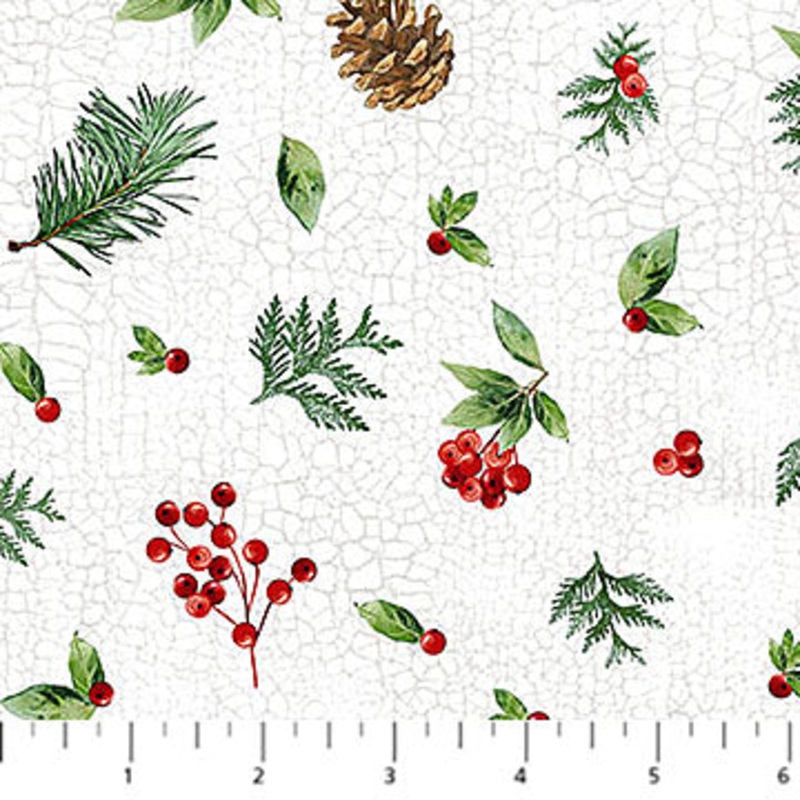 Winter Song Pine Cone Toss White Multi Deborah Edwards Northcott Cotton Fabric NC-27806-10