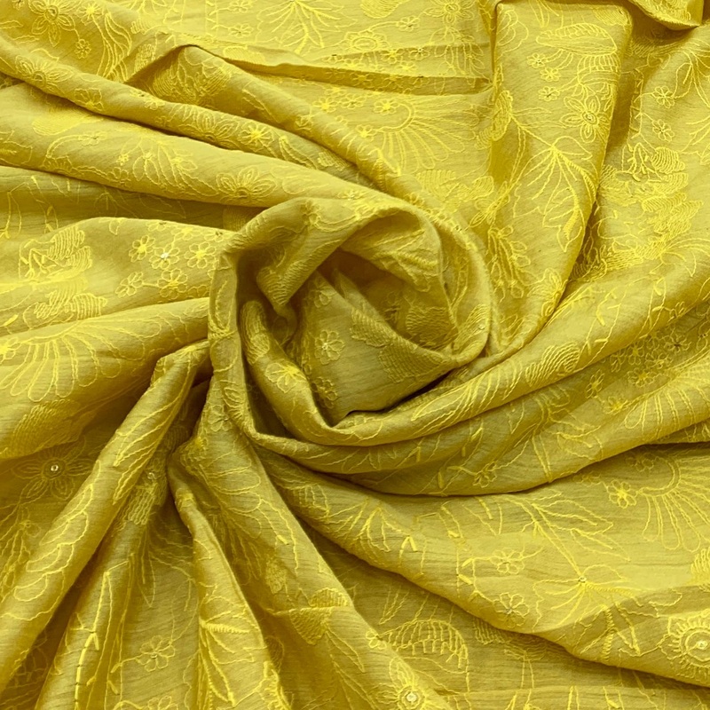 Yellow Munga Tussar Thread Embroidery