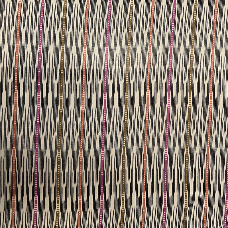 2 3/4 YD PC-Black-Ivory-Coral-Pink-Tan Ikat Stripe Silk Chiffon Designer Remnant Fabric