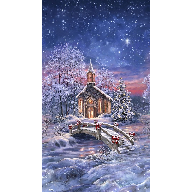 All is Calm Snowy Chapel Panel 24" Dona Gelsinger Timeless Treasures Cotton Fabric TT-PANELDG-CD3523-WINTER